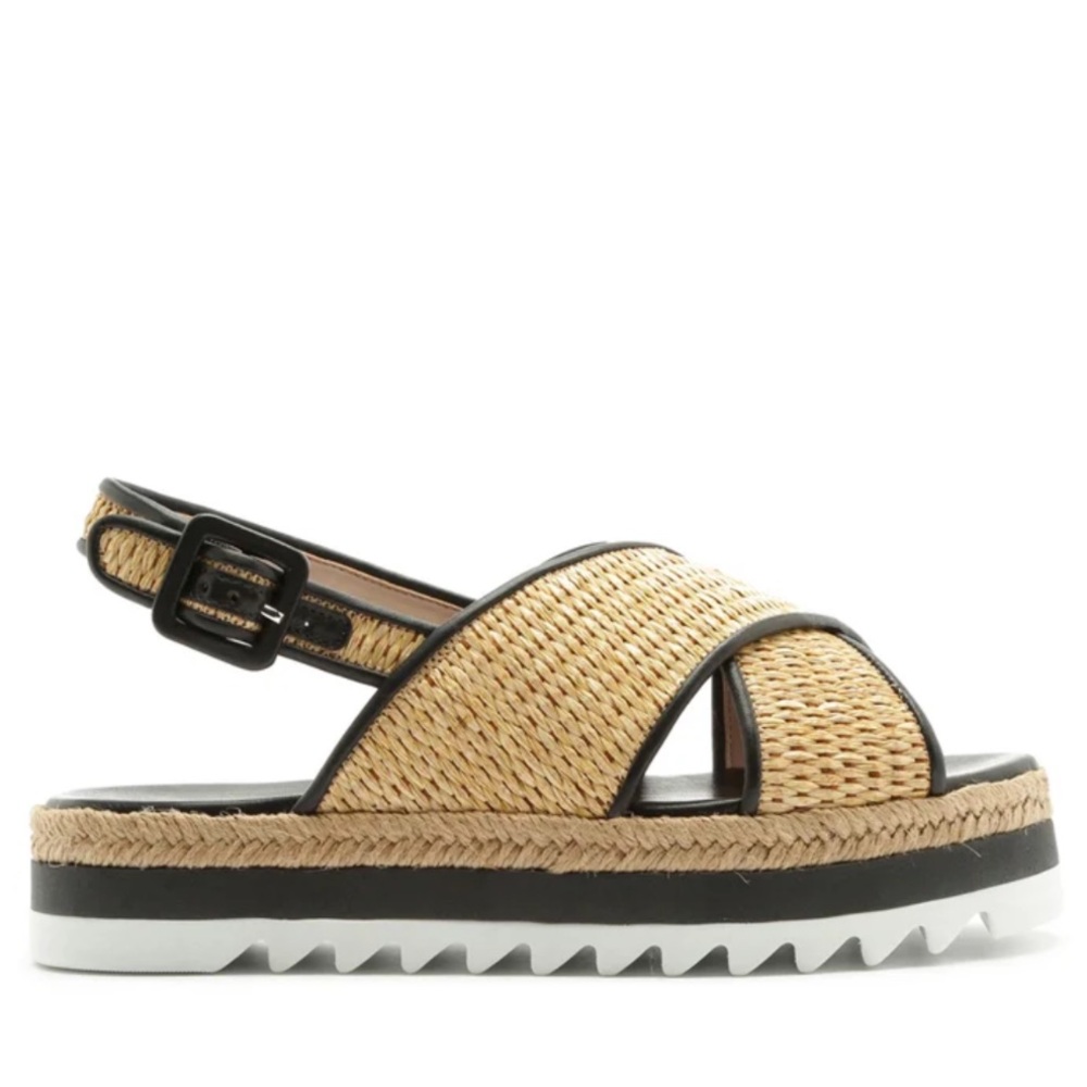 Schutz Aiyana Platform Slingback Sandal Size 7 Tan White Raffia - Picture 2 of 8